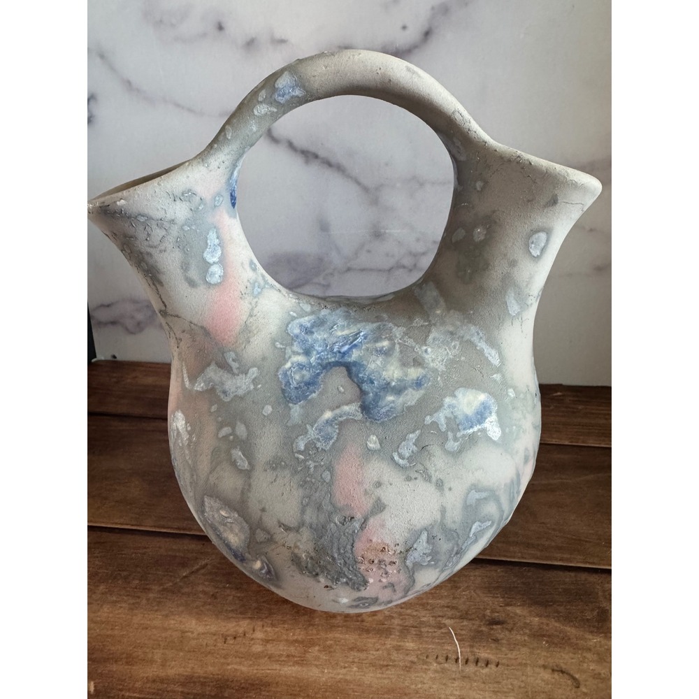 Nancy Brown Studio Pottery Wedding Vase 1989 Signed Double Spout Blue Pink Grey